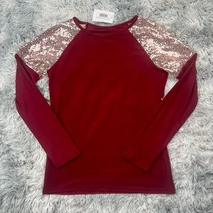 NWT Burgundy With Sparkle Sleeves Top